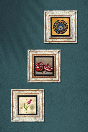 Lale Ebru Sanatı, Nazar, Nar Taş Duvar Tablosu Çerçeveli Duvar Dekoru 3 Parça Tablo Seti Wall Art