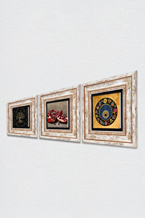 Hayat Ağacı, Nazar, Nar Taş Duvar Tablosu Çerçeveli Duvar Dekoru 3 Parça Tablo Seti Wall Art