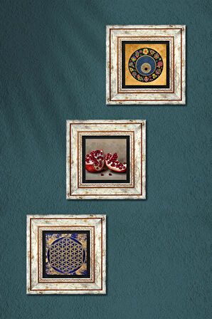 Yaşam Çiçeği, Nazar Boncuğu, Nar Taş Duvar Tablosu Çerçeveli Duvar Dekoru 3 Parça Tablo Seti Wall Art