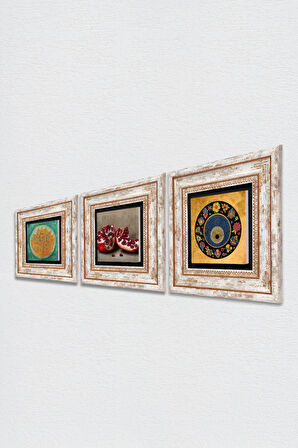 Lotus Çiçeği, Nazar, Nar Taş Duvar Tablosu Çerçeveli Duvar Dekoru 3 Parça Tablo Seti Wall Art