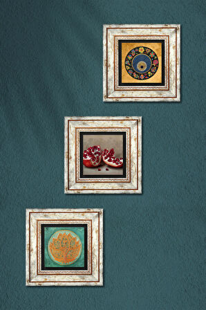 Lotus Çiçeği, Nazar, Nar Taş Duvar Tablosu Çerçeveli Duvar Dekoru 3 Parça Tablo Seti Wall Art