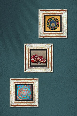 Yaşam Çiçeği, Nazar Boncuğu, Nar Taş Duvar Tablosu Çerçeveli Duvar Dekoru 3 Parça Tablo Seti Wall Art