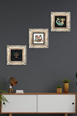 Hayat Ağacı, Şahmeran Taş Duvar Tablosu Çerçeveli Duvar Dekoru 3 Parça Tablo Seti Wall Art
