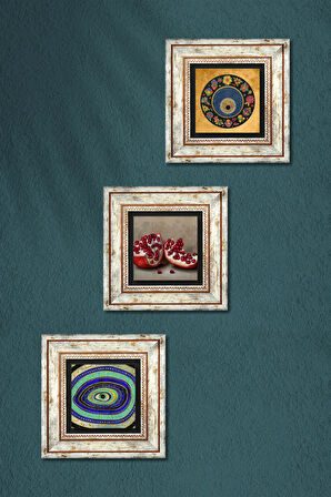 Nazar, Nar Taş Duvar Tablosu Çerçeveli Duvar Dekoru 3 Parça Tablo Seti Wall Art