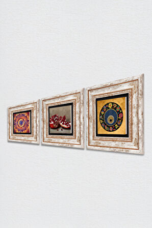 Mandala, Nazar, Nar Taş Duvar Tablosu Çerçeveli Duvar Dekoru 3 Parça Tablo Seti Wall Art