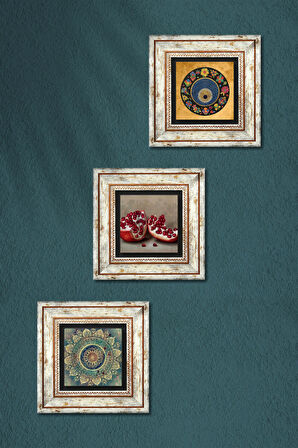 Mandala, Nazar, Nar Taş Duvar Tablosu Çerçeveli Duvar Dekoru 3 Parça Tablo Seti Wall Art