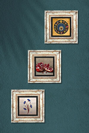 Ebru Sanatı, Nazar, Nar Taş Duvar Tablosu Çerçeveli Duvar Dekoru 3 Parça Tablo Seti Wall Art