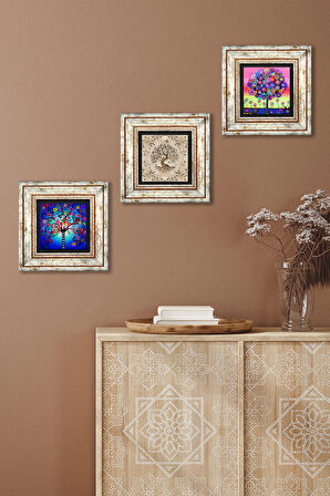 Hayat Ağacı Taş Duvar Tablosu Çerçeveli Duvar Dekoru 3 Parça Tablo Seti Wall Art