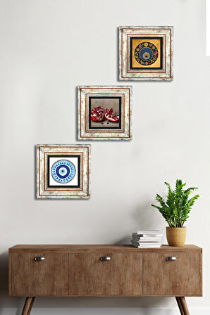 Nazar, Nar Taş Duvar Tablosu Çerçeveli Duvar Dekoru 3 Parça Tablo Seti Wall Art