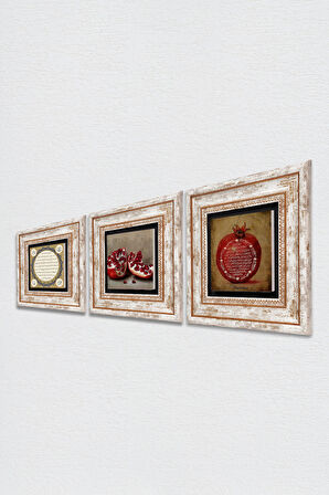 Hilye-i Şerif, Bereket Duası, Nar Taş Duvar Tablosu Çerçeveli Duvar Dekoru 3 Parça Tablo Seti Wall Art
