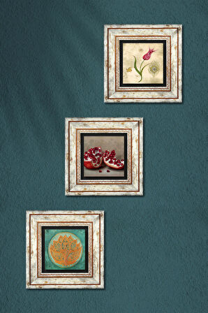 Lotus Çiçeği, Lale Ebru Sanatı, Nar Taş Duvar Tablosu Çerçeveli Duvar Dekoru 3 Parça Tablo Seti Wall Art
