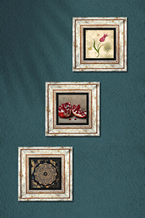 Sri Yantra, Lale Ebru Sanatı, Nar Taş Duvar Tablosu Çerçeveli Duvar Dekoru 3 Parça Tablo Seti Wall Art