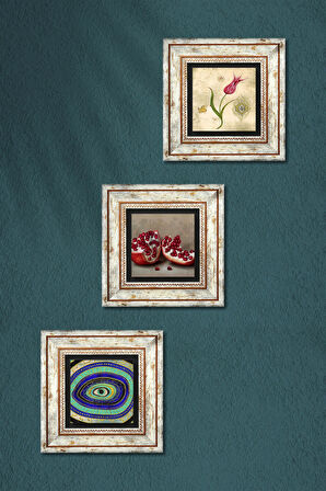 Nazar, Lale Ebru Sanatı, Nar Taş Duvar Tablosu Çerçeveli Duvar Dekoru 3 Parça Tablo Seti Wall Art