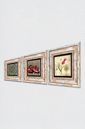 Mandala, Lale Ebru Sanatı, Nar Taş Duvar Tablosu Çerçeveli Duvar Dekoru 3 Parça Tablo Seti Wall Art