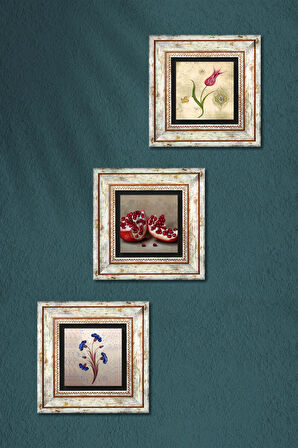 Ebru Sanatı, Lale, Nar Taş Duvar Tablosu Çerçeveli Duvar Dekoru 3 Parça Tablo Seti Wall Art