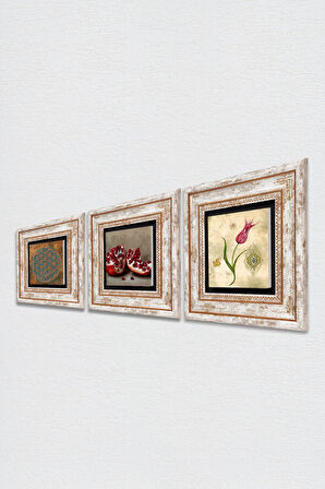 Yaşam Çiçeği, Lale Ebru Sanatı, Nar Taş Duvar Tablosu Çerçeveli Duvar Dekoru 3 Parça Tablo Seti Wall Art