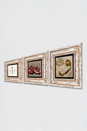 Vav, Elif, Nar Taş Duvar Tablosu Çerçeveli Duvar Dekoru 3 Parça Tablo Seti Wall Art