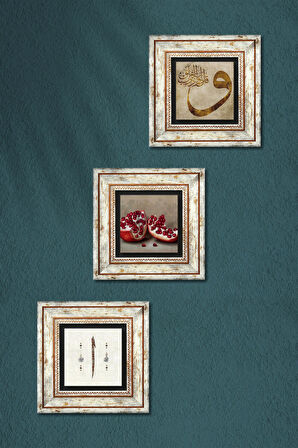 Vav, Elif, Nar Taş Duvar Tablosu Çerçeveli Duvar Dekoru 3 Parça Tablo Seti Wall Art