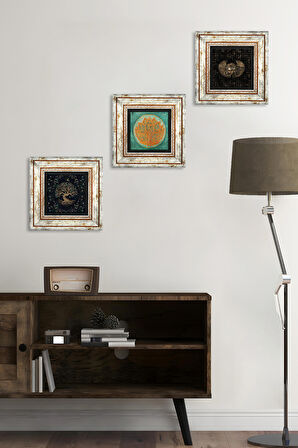 Horus'un Gözü, Lotus Çiçeği, Hayat Ağacı Taş Duvar Tablosu Çerçeveli Duvar Dekoru 3 Parça Tablo Seti Wall Art