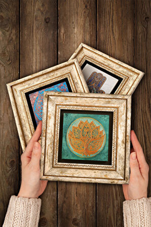 Horus'un Gözü, Lotus Çiçeği, Hayat Ağacı Taş Duvar Tablosu Çerçeveli Duvar Dekoru 3 Parça Tablo Seti Wall Art