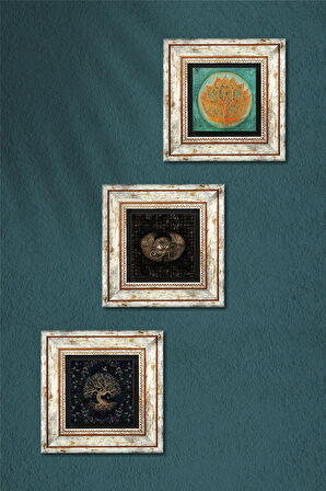 Horus'un Gözü, Lotus Çiçeği, Hayat Ağacı Taş Duvar Tablosu Çerçeveli Duvar Dekoru 3 Parça Tablo Seti Wall Art