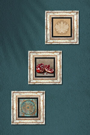 Yaşam Çiçeği, Lotus Çiçeği, Nar Taş Duvar Tablosu Çerçeveli Duvar Dekoru 3 Parça Tablo Seti Wall Art