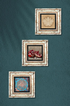 Yaşam Çiçeği, Lotus Çiçeği, Nar Taş Duvar Tablosu Çerçeveli Duvar Dekoru 3 Parça Tablo Seti Wall Art