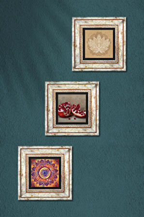 Mandala, Lotus Çiçeği, Nar Taş Duvar Tablosu Çerçeveli Duvar Dekoru 3 Parça Tablo Seti Wall Art