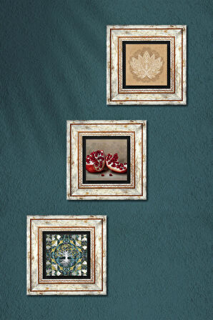 Hayat Ağacı, Lotus Çiçeği, Nar Taş Duvar Tablosu Çerçeveli Duvar Dekoru 3 Parça Tablo Seti Wall Art