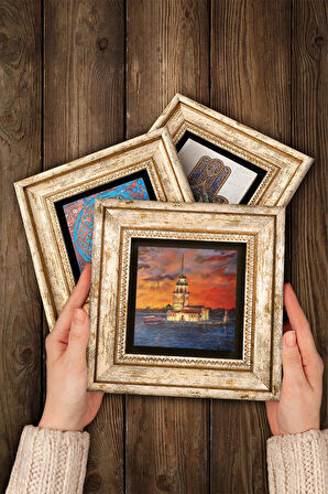 İstanbul Ayasofya, Galata Kulesi, Kız Kulesi Taş Duvar Tablosu Çerçeveli Duvar Dekoru 3 Parça Tablo Seti Wall Art