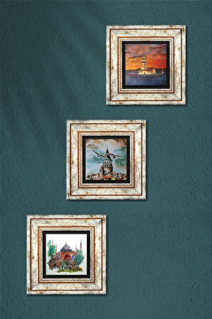 İstanbul Ayasofya, Galata Kulesi, Kız Kulesi Taş Duvar Tablosu Çerçeveli Duvar Dekoru 3 Parça Tablo Seti Wall Art