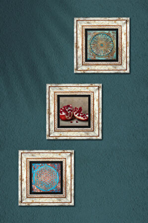 Yaşam Çiçeği, Nar Taş Duvar Tablosu Çerçeveli Duvar Dekoru 3 Parça Tablo Seti Wall Art