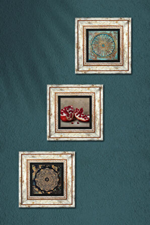 Sri Yantra, Yaşam Çiçeği, Nar Taş Duvar Tablosu Çerçeveli Duvar Dekoru 3 Parça Tablo Seti Wall Art