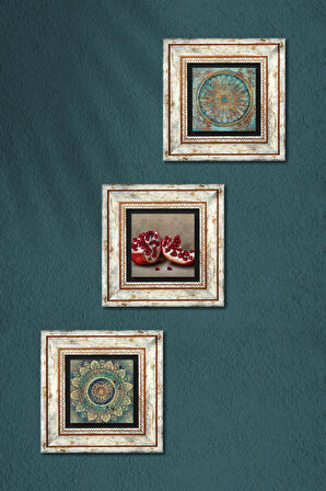 Mandala, Yaşam Çiçeği, Nar Taş Duvar Tablosu Çerçeveli Duvar Dekoru 3 Parça Tablo Seti Wall Art