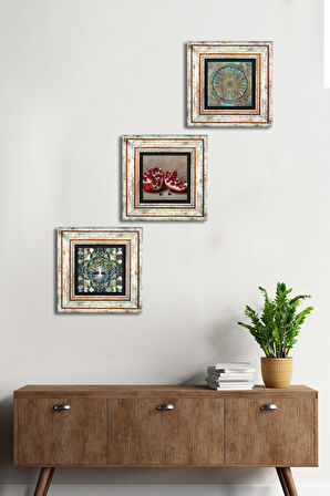 Hayat Ağacı, Yaşam Çiçeği, Nar Taş Duvar Tablosu Çerçeveli Duvar Dekoru 3 Parça Tablo Seti Wall Art
