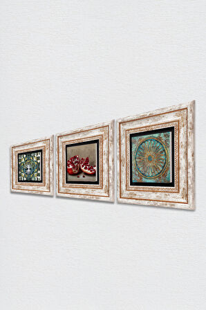 Hayat Ağacı, Yaşam Çiçeği, Nar Taş Duvar Tablosu Çerçeveli Duvar Dekoru 3 Parça Tablo Seti Wall Art