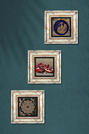 Sri Yantra, Tavus Kuşu, Nar Taş Duvar Tablosu Çerçeveli Duvar Dekoru 3 Parça Tablo Seti Wall Art