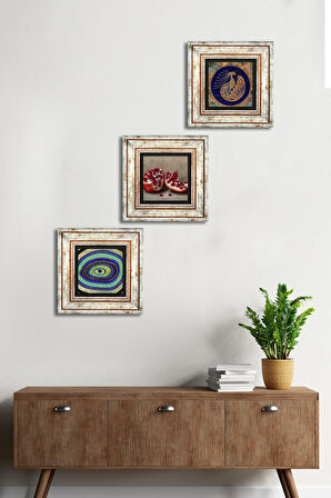 Nazar, Tavus Kuşu, Nar Taş Duvar Tablosu Çerçeveli Duvar Dekoru 3 Parça Tablo Seti Wall Art