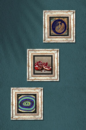 Nazar, Tavus Kuşu, Nar Taş Duvar Tablosu Çerçeveli Duvar Dekoru 3 Parça Tablo Seti Wall Art