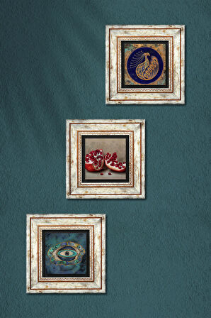 Nazar, Tavus Kuşu, Nar Taş Duvar Tablosu Çerçeveli Duvar Dekoru 3 Parça Tablo Seti Wall Art