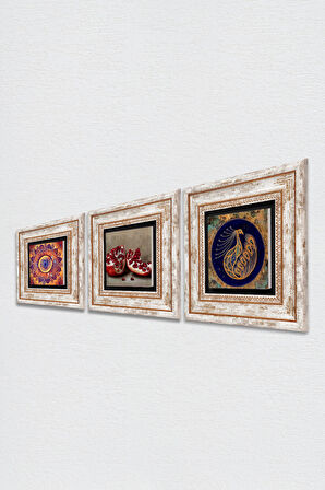 Mandala, Tavus Kuşu, Nar Taş Duvar Tablosu Çerçeveli Duvar Dekoru 3 Parça Tablo Seti Wall Art