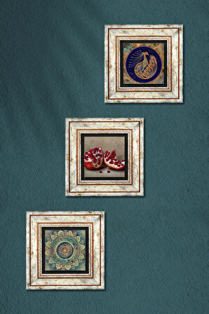 Mandala, Tavus Kuşu, Nar Taş Duvar Tablosu Çerçeveli Duvar Dekoru 3 Parça Tablo Seti Wall Art