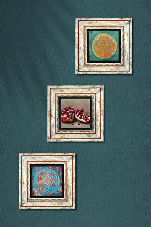 Yaşam Çiçeği, Lotus Çiçeği, Nar Taş Duvar Tablosu Çerçeveli Duvar Dekoru 3 Parça Tablo Seti Wall Art