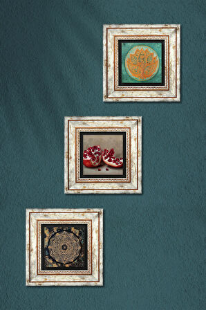 Sri Yantra, Lotus Çiçeği, Nar Taş Duvar Tablosu Çerçeveli Duvar Dekoru 3 Parça Tablo Seti Wall Art