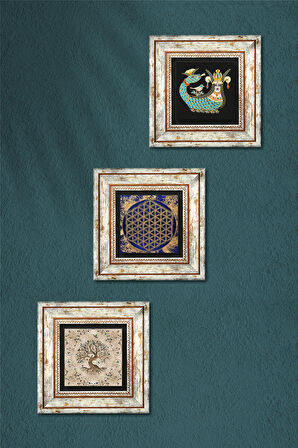 Yaşam Çiçeği, Şahmeran, Hayat Ağacı Taş Duvar Tablosu Çerçeveli Duvar Dekoru 3 Parça Tablo Seti Wall Art