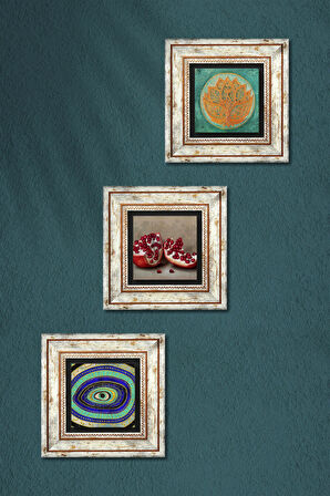 Nazar, Lotus Çiçeği, Nar Taş Duvar Tablosu Çerçeveli Duvar Dekoru 3 Parça Tablo Seti Wall Art