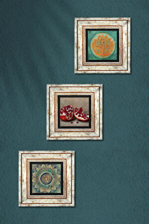Mandala, Lotus Çiçeği, Nar Taş Duvar Tablosu Çerçeveli Duvar Dekoru 3 Parça Tablo Seti Wall Art