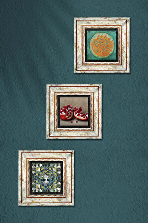 Hayat Ağacı, Lotus Çiçeği, Nar Taş Duvar Tablosu Çerçeveli Duvar Dekoru 3 Parça Tablo Seti Wall Art