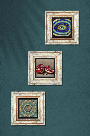 Mandala, Nazar, Nar Taş Duvar Tablosu Çerçeveli Duvar Dekoru 3 Parça Tablo Seti Wall Art
