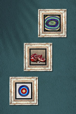 Nazar, Nar Taş Duvar Tablosu Çerçeveli Duvar Dekoru 3 Parça Tablo Seti Wall Art